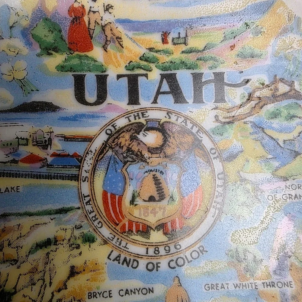 Vintage Utah Mini Souvenir Plate Mormon Pioneers Salt Lake Scenic Gold Rim‎ 4 in